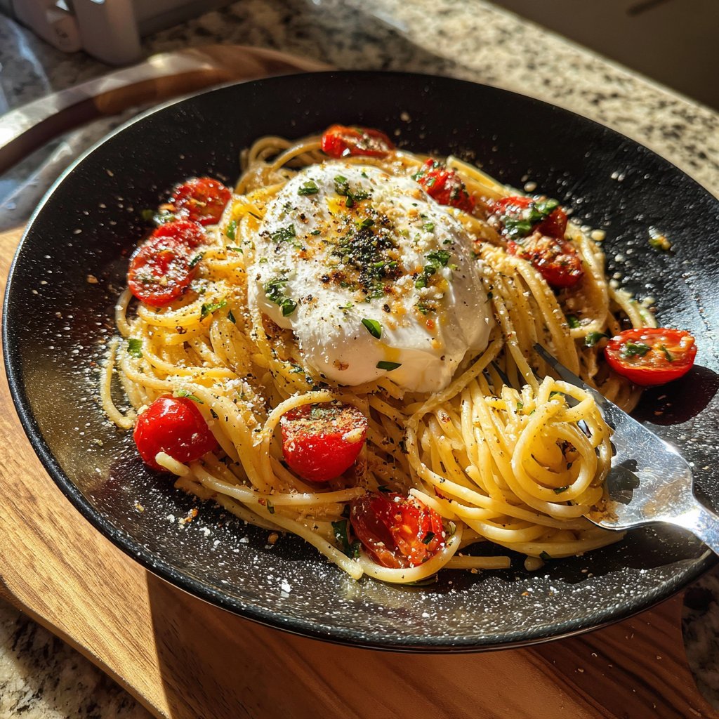 Spaghetti mit Tomaten und Burrata